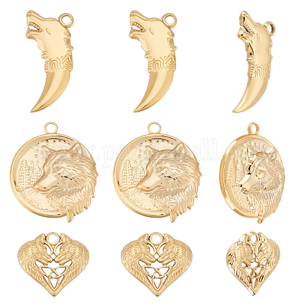 Beebeecraft 1 Box 9Pcs 3 Style Wolf Charms 18K Gold Plated Heart Pendant Charms Flat Round Ornaments for DIY Birthday Halloween Necklace Bracelet Earring Jewelry Making STAS-BBC0001-87-1