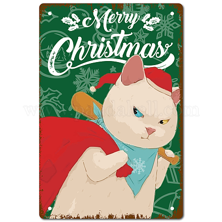 CREATCABIN Merry Christmas Cat Tin Sign Cute Cat Funny Animals Cat Artwork Family Poster Wall Decorations Art Decor Gift Vintage Sign for Bar Pub Living Room Kitchen Cafe Gift 8 x 12inch AJEW-WH0157-430-1