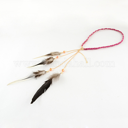 女性の染められた羽編みスエードコードのヘッドバンド  鉄チェーン  ゴールドカラー  赤ミディアム紫  490~550x7mm OHAR-R187-02-1