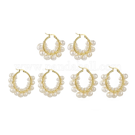 3 paio di orecchini a cerchio con perline di perle naturali di 3 dimensioni EJEW-JE05168-1