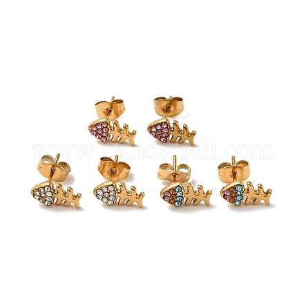 Rhinestone Fishbone Stud Earrings with 316 Surgical Stainless Steel Pins EJEW-A081-13G-1