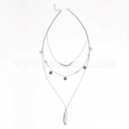 Laiton métal plumes et turquoise perles trois colliers à plusieurs niveaux NJEW-N0052-012B-1
