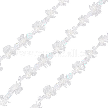 10ヤードのポリエステルレーストリム  プラスチック製の模造パールビーズ付き  蝶結び  ホワイト  1/4~5/8インチ（7~17mm）  約10.00ヤード（9.14m）/バンドル SRIB-WH0011-102-1