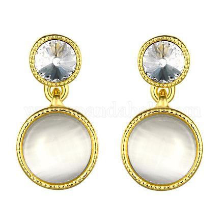 Real 18K Gold Plated Flat Round Tin Alloy Cat Eye Dangle Earrings EJEW-BB06217-G-1