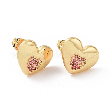 Pink Cubic Zirconia Heart Stud Earrings EJEW-C008-15G-1