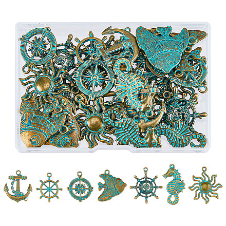 Superfindings 42 Uds. 7 estilos colgantes de aleación con tema oceánico pátina verde caballito de mar brújula colgante colgante de pez de metal dijes para collar pulsera fabricación de joyas FIND-FH0006-32-1