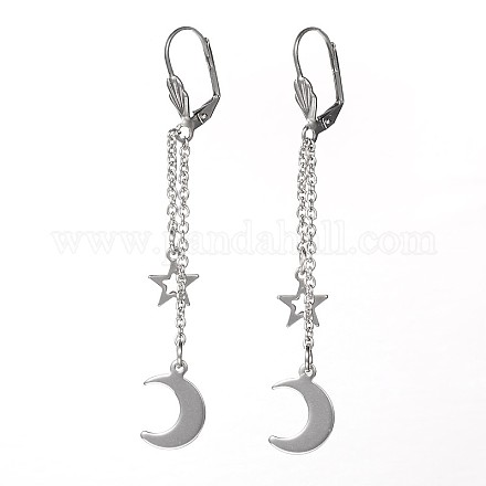Moon and Star Stainless Steel Dangle Leverback Earrings EJEW-JE01747-1