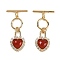 Natural Carnelian Toggle Clasps, with Brass Micro Pave Clear Cubic Zirconia Findings, Heart, Real 18K Gold Plated, 34mm