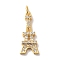 Brass Cubic Zirconia Pendants, with Jump Ring, Eiffel Tower, Real 14K Gold Plated, 21.5x9x2.5mm, Hole: 3.5mm