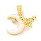 Brass Micro Pave Clear Cubic Zirconia Pendants, with Shell, Moon with Butterfly, Real 18K Gold Plated, 13x15.5x6.5mm, Hole: 4x2mm