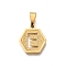 304 Stainless Steel Charms, Real 18K Gold Plated, Hexagon with Letter Charm, Letter E, 15x14x1.5mm, Hole: 3x5.5mm
