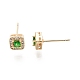 Green Glass Square Stud Earrings with Cubic Zirconia EJEW-G321-08G-3