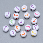 Perles de lettre de trou horizontal acryliques artisanales, plat rond, couleur mixte, letter.j, 7x3.5~4mm, Trou: 1.5mm, environ 3600 pcs/500 g