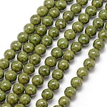 Fossilen Perlen, gefärbt, Runde, Olive, 6 mm, Bohrung: 0.8 mm, ca. 66 Stk. / Strang, 16 Zoll