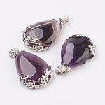 Pendentifs en améthyste naturelle, avec accessoires pendentif en alliage, larme, violet, 38x26x8mm, Trou: 5x4mm