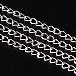 Iron Twisted Chains Curb Chains, Unwelded, Silver Color, with Spool, Link: about 2mm wide, 3.5mm long, 0.5mm thick, 100m/roll
