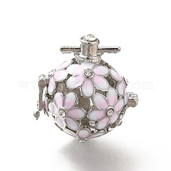 Pendenti della gabbia del branello del cristallo del rhinestone della lega, ciondolo a fiore cavo, con smalto, per fare collane ciondolo palla carillon, platino, blush alla lavanda, 34mm, Foro: 6x3 mm, gabbia di perline: 26x25x21 mm, Formato interno 18 millimetro