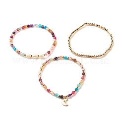 3 set di bracciali elastici con perline in agata naturale e perle&nbsp;BJEW-JB08089-01