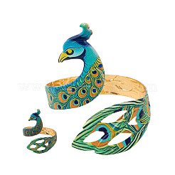 Conjuntos de brazalete y anillo de hierro esmaltado con diseño de pavo real para mujer.&nbsp;WG60250-01