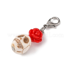 Decorazioni pendenti con teschio in turchese sintetico e rosa in resina&nbsp;HJEW-JM03998