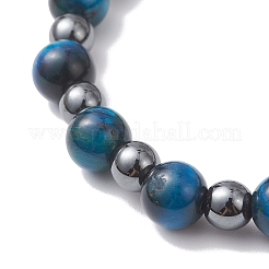 Pulseras elásticas redondas de ojo de tigre natural y hematita sintética no magnética para mujer.&nbsp;BJEW-JB12764