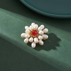 Spilla da bavero con fiore di perline intrecciate in corniola naturale e perle&nbsp;JEWB-TA00006-02