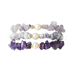 Set di 3 braccialetti elasticizzati da donna con pietre preziose naturali miste e perle coltivate d'acqua dolce&nbsp;BJEW-JB13762-03