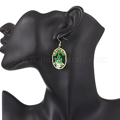 Orecchini pendenti ovali in vetro con fiore&nbsp;EJEW-MZ00627-03