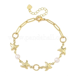 Armbänder aus ozeanblauem Edelstahl 304 mit Seestern-Gliederkette und Naturperle für Damen&nbsp;BJEW-JB14332