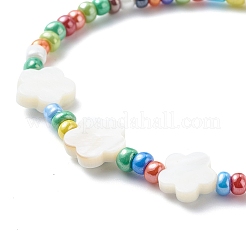 Fiore di conchiglia naturale con malocchio e braccialetto elasticizzato con collana di perline di semi di vetro&nbsp;SJEW-JS01248