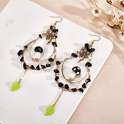Puces d'obsidienne naturelle perlées grosses boucles d'oreilles pendantes en forme de larme&nbsp;EJEW-SW00016-02