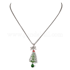 Aluminium & grünes Glas Silber Weihnachtsbaum Anhänger 304 Edelstahl Kabelkette Halsketten&nbsp;NJEW-JN05423
