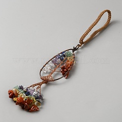 Pendentif en forme de larme en pierre précieuse naturelle chakra enveloppé de fil de cuivre avec décorations en forme d'arbre de vie&nbsp;HJEW-CJC0816-001R