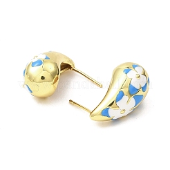 Tropfen mit Blume echte 18k vergoldete Messing Emaille Ohrstecker&nbsp;EJEW-L270-013G-02