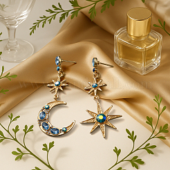 2 Paar Ohrstecker mit Mond und Stern in Aquamarinblau und Strass&nbsp;EJEW-HY0001-32