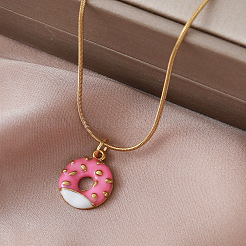 Colliers pendentifs vintage en acier inoxydable émaillé rose en forme de donut pour femmes&nbsp;KI9226