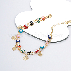 Tobilleras de playa de doble capa con borlas de flores de latón y cadena de eslabones de ojo malvado de color turquesa sintético teñido bohemio para mujer&nbsp;CE2837
