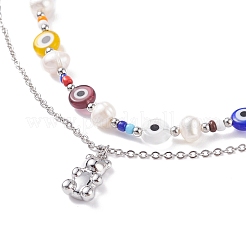 Schmuckset aus natürlichen Perlen und bösem Blick mit Bärenanhänger&nbsp;SJEW-TA00004
