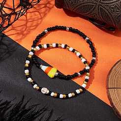 Set di braccialetti elasticizzati con perline di semi di vetro di Halloween da 2 pz e 2 stili&nbsp;BJEW-JB10526