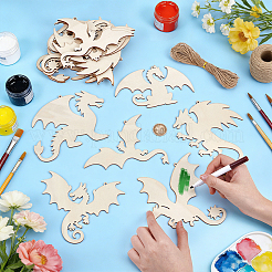 Ensemble de 24 pendentif dragon en bois brut (6 styles différents) pour peinture artistique&nbsp;AJEW-WH0752-611
