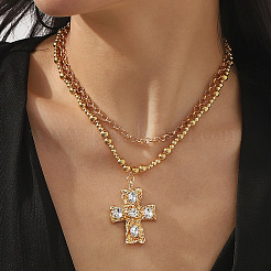 CCB Kunststoff runde Perlen Eisenlegierung Kristall Strass Kreuz Anhänger Doppelschicht Halsketten&nbsp;FS-WGE63DA-01