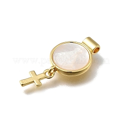 Messing Pavé Naturweiß Muschel flach rund mit Kreuzanhängern&nbsp;KK-C090-40G