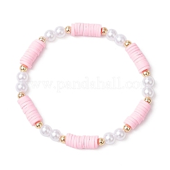 Perles en argile polymère faites à la main avec des perles d'imitation en plastique ABS et des perles d'espacement en laiton et des bracelets en fil de cristal élastique coréen&nbsp;BJEW-JB11780-01
