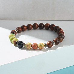 Bracciale elasticizzato in pietra naturale mista e perline rotonde in legno&nbsp;BJEW-JB07135
