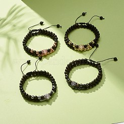 2pcs 2 bracelets de perles tressées en obsidienne naturelle et hématite synthétique serties de léopard en zircone cubique&nbsp;BJEW-JB08119