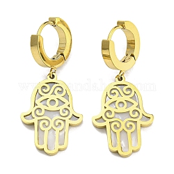 Ion Plating(IP) 304 Stainless Steel Dangle Hoop Earring with Synthetic Shell, Hamsa Hand with Evil Eye, Golden, 38x16.5mm