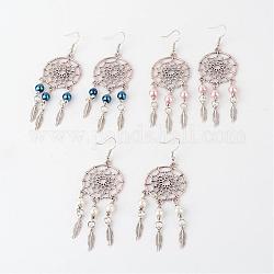 Alloy Glass Pearl Dangle Earrings, Woven Net/Web with Feather, with Brass Earring Hooks, Mixed Color, 85mm, pin: 0.8mm