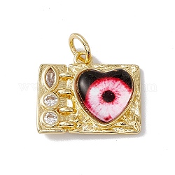 Brass Micro Pave Clear Cubic Zirconia Pendants, Rectangle with Heart Charm, with Eye Resin and Jump Rings, Lead Free & Cadmium Free, Real 18K Gold Plated, Black, 16x18.5x4.5mm, Hole: 4mm