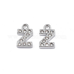 304 Stainless Steel Charms, with Crystal Rhinestone, Letter, Letter.Z, 10~10.5x2~8x2mm, Hole: 1.2mm