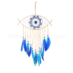 Wooden Woven Net/Web with Feather Pendant Decotations, with Dyed Feather and Silk Cord, Wall Hanging Ornament for Car, Home Decor, Evil Eye, Dodger Blue, Pendant: 550x370mm